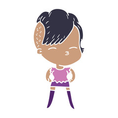 flat color style cartoon squinting girl