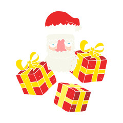 flat color illustration of a cartoon tired santa claus face with presents