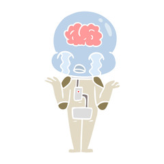 flat color style cartoon big brain alien crying