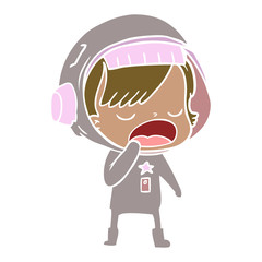 flat color style cartoon astronaut woman yawning