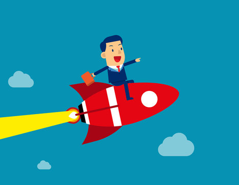 Businessman sitting on rocket go to success. Concept business vector illustration, Rocket ship, Achievement, cloud & sky, Technology.