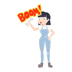 flat color illustration of a cartoon mechanic woman