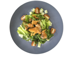 A temptation dish of smoked salmon salad on isolated with white background. Special dish for healthy meal to someone whom going to diet with organic food. Fusion food mix by chili with spicy taste.