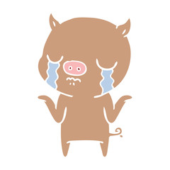 flat color style cartoon pig crying