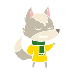 friendly flat color style cartoon wolf wearing scarf