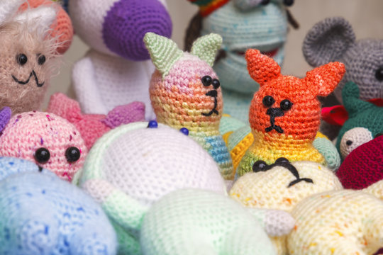 Knitted handmade dolls for sale in the street shop of souvenirs