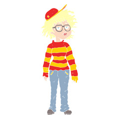 flat color illustration of a cartoon geeky girl