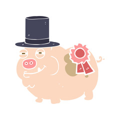 flat color illustration of a cartoon prize winning pig