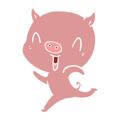 happy flat color style cartoon pig running