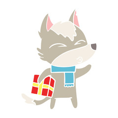 flat color style cartoon christmas wolf whistling