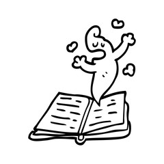 line drawing cartoon spell book with ghost