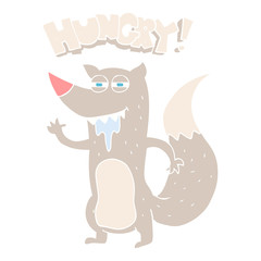 flat color illustration of a cartoon hungry wolf