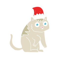 flat color illustration of a cartoon cat wearing christmas hat