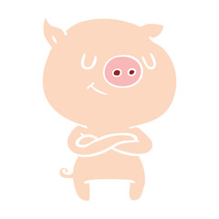 Obraz na płótnie Canvas happy flat color style cartoon pig with crossed arms