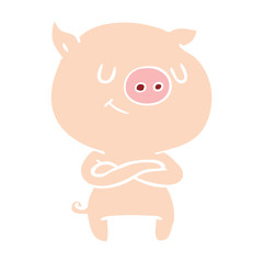 happy flat color style cartoon pig with crossed arms