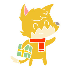 flat color style cartoon happy fox with gift