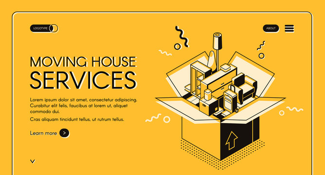Moving house services vector web banner with home furniture in cardboard box isometric line art illustration on yellow background. Small transport company or door-to-door removals startup landing page
