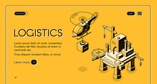 Logistics company vector web banner with helicopter carrying cargo from oil platform isometric line art illustration on yellow background. Air transport or delivery service internet site, landing page