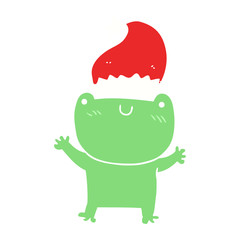 cute flat color style cartoon frog wearing christmas hat