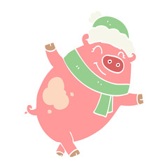 flat color style cartoon pig wearing christmas hat