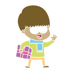happy flat color style cartoon boy with present