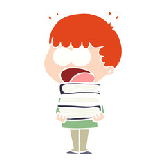 flat color style cartoon shocked boy with stack of books