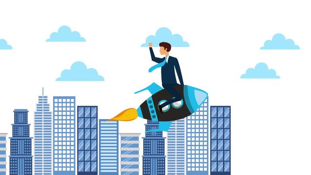businessman in rocket flying city sky