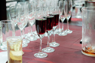 celebration party background a lot of wine glass and beer on table in restaurant of hotel