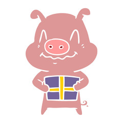 nervous flat color style cartoon pig with present