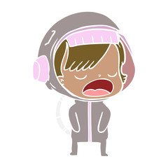 flat color style cartoon astronaut woman explaining