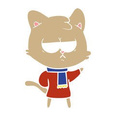 bored flat color style cartoon cat in winter clothes