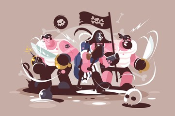 Group of mad pirates with bombs and swords weapon