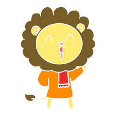laughing lion flat color style cartoon in winter clothes