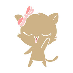 flat color style cartoon cat with bow on head waving