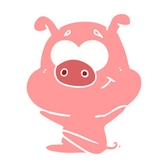 happy flat color style cartoon pig