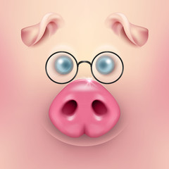 Vector background with 3d funny cartoon pig face with glasses closeup. Cute farm animal. Illustraration of small piglet head, design template for banners, postcards etc. New Year s of Pig 2019