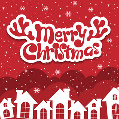 Merry Christmas handwritten typography with snow falling on red background.