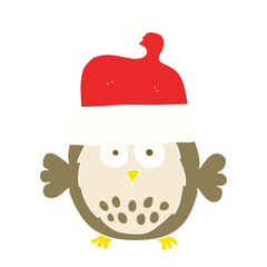 flat color illustration of a cartoon owl wearing christmas hat