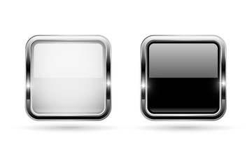 Black and white buttons with chrome frame. Square shiny 3d icons