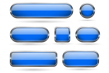 Blue glass buttons with chrome frame. 3d icons