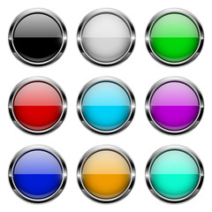 Colored glass 3d buttons with chrome frame. Round icons