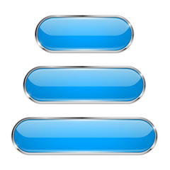Blue oval buttons. 3d glass menu icons with metal frame