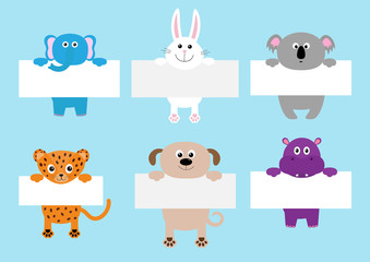 Jaguar cat, elephant, rabbit, koala, dog, hippo hanging on paper board template set. Cute cartoon funny character. Kawaii animal. Baby card. Flat design. Blue background Isolated