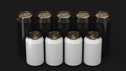  Black and white soda cans standing in two raws on black background