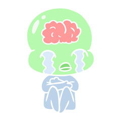 flat color style cartoon big brain alien crying