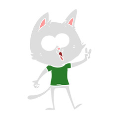 funny flat color style cartoon cat giving peace sign