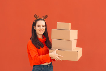 Christmas Delivery Girl Holding Many Packages 