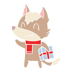 friendly flat color style cartoon wolf with present