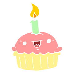 flat color style cartoon cupcake with candle