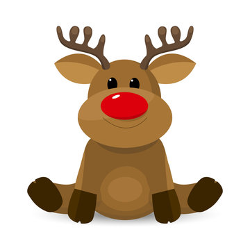 Cute little reindeer. Little deer with a red nose on a white background